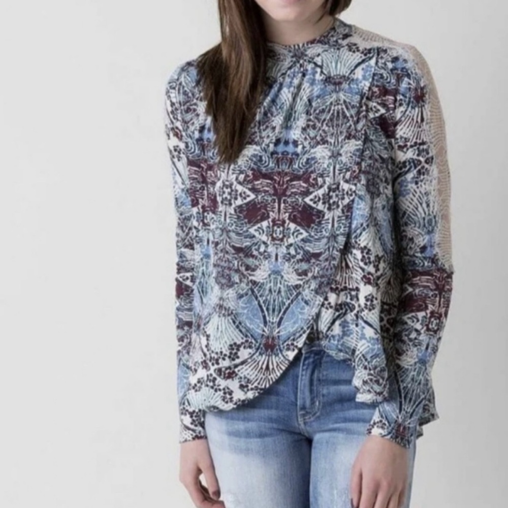 Free People Noveau New World Top Women Small Lace High Neck Asymmetric Blue Boho